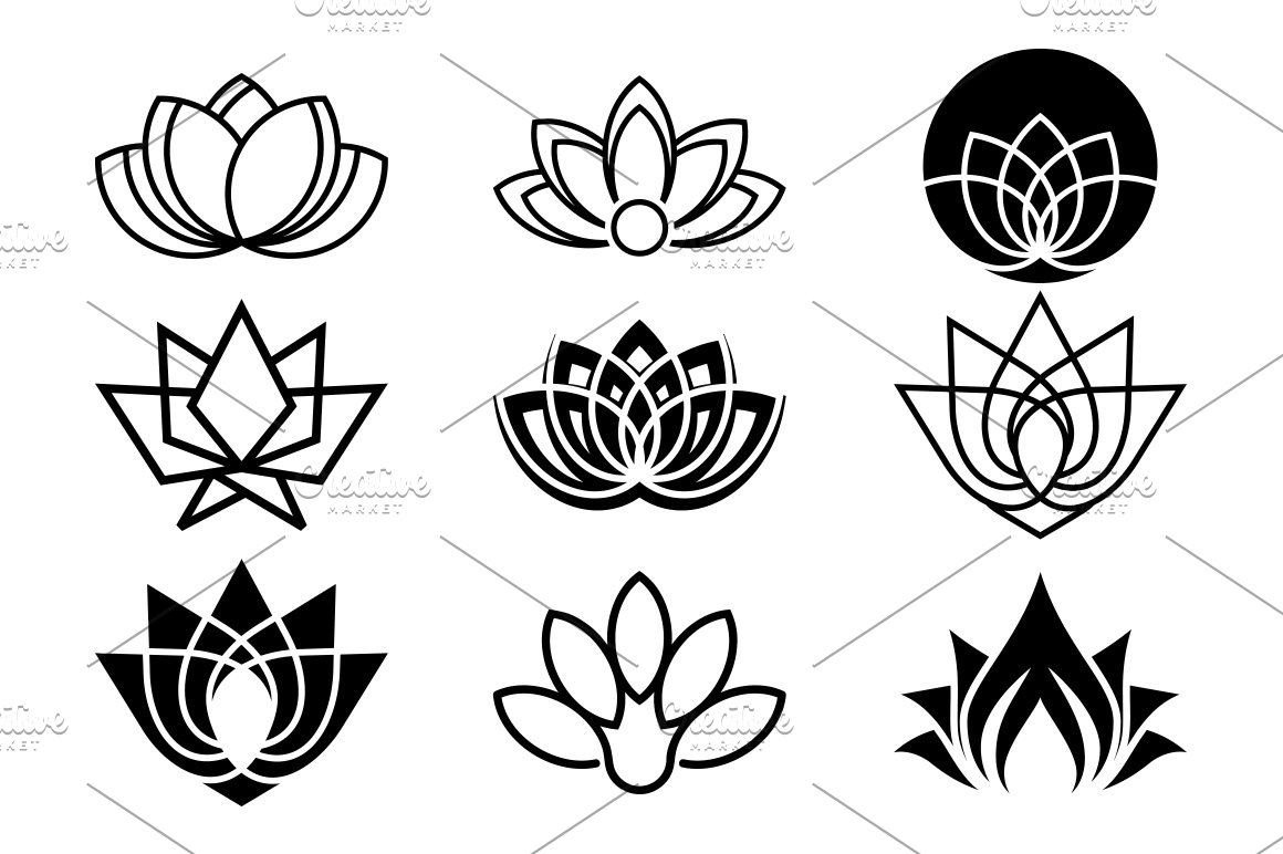 Nine black logos with a lotus flower on a white background.