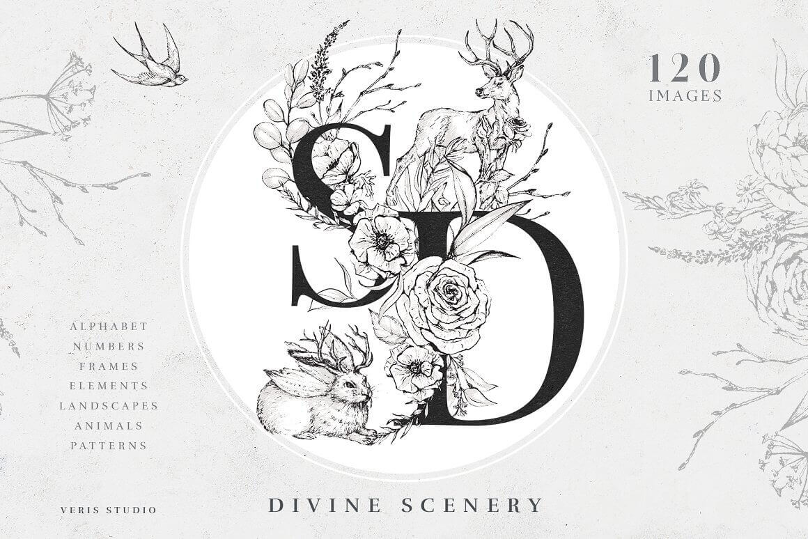 120 images of divine scenery with alphabet, numbers, frames, elements and other.