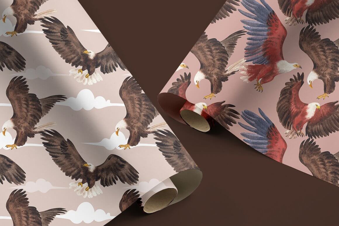 Gift paper with flying eagles in pink and beige.