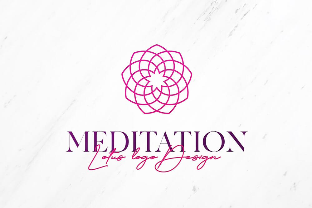Logo with the image of a lotus with thin petals and the inscription "meditation" on a white background.