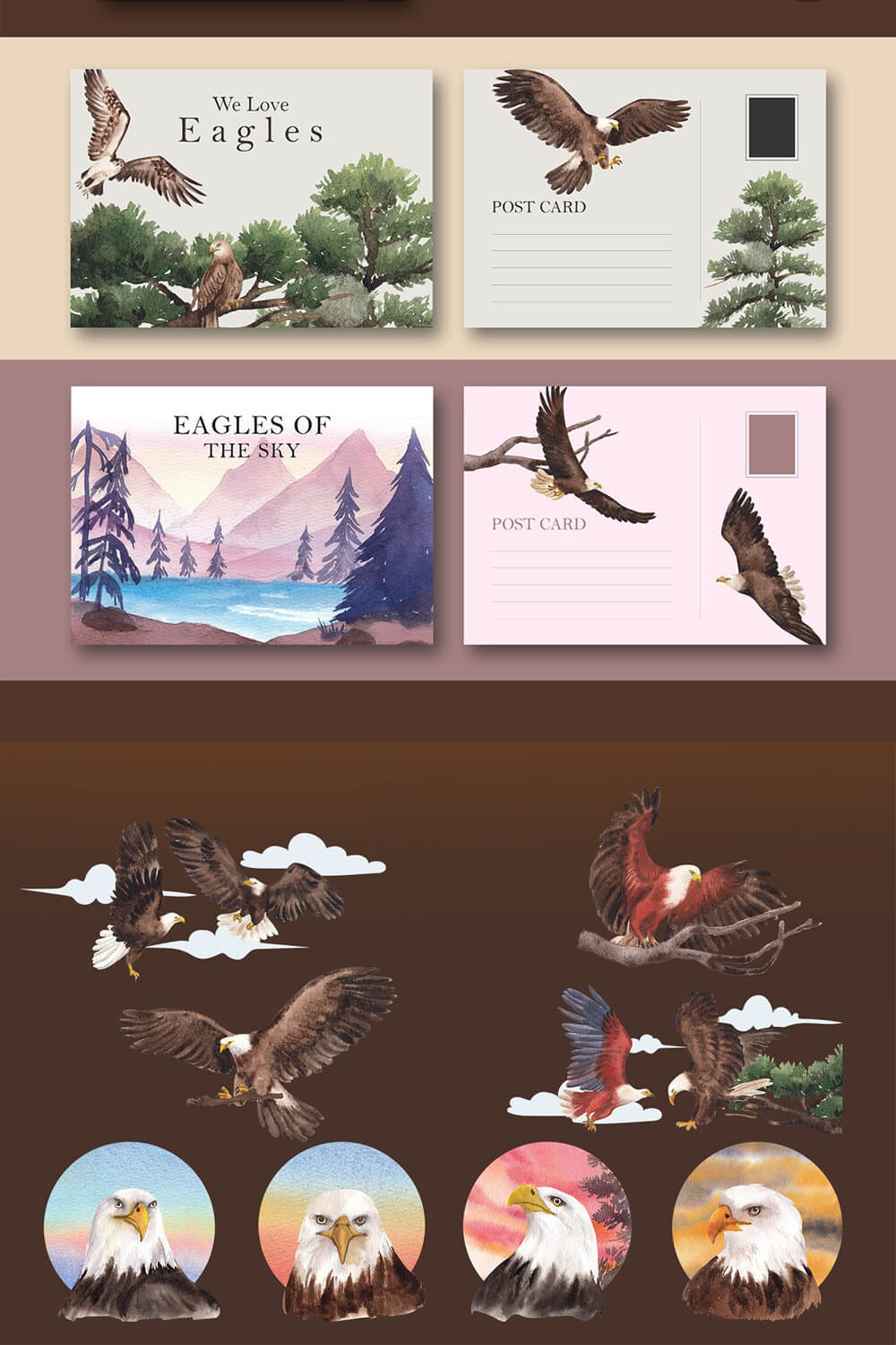 Postcards with mesmerizing views and flying eagles.