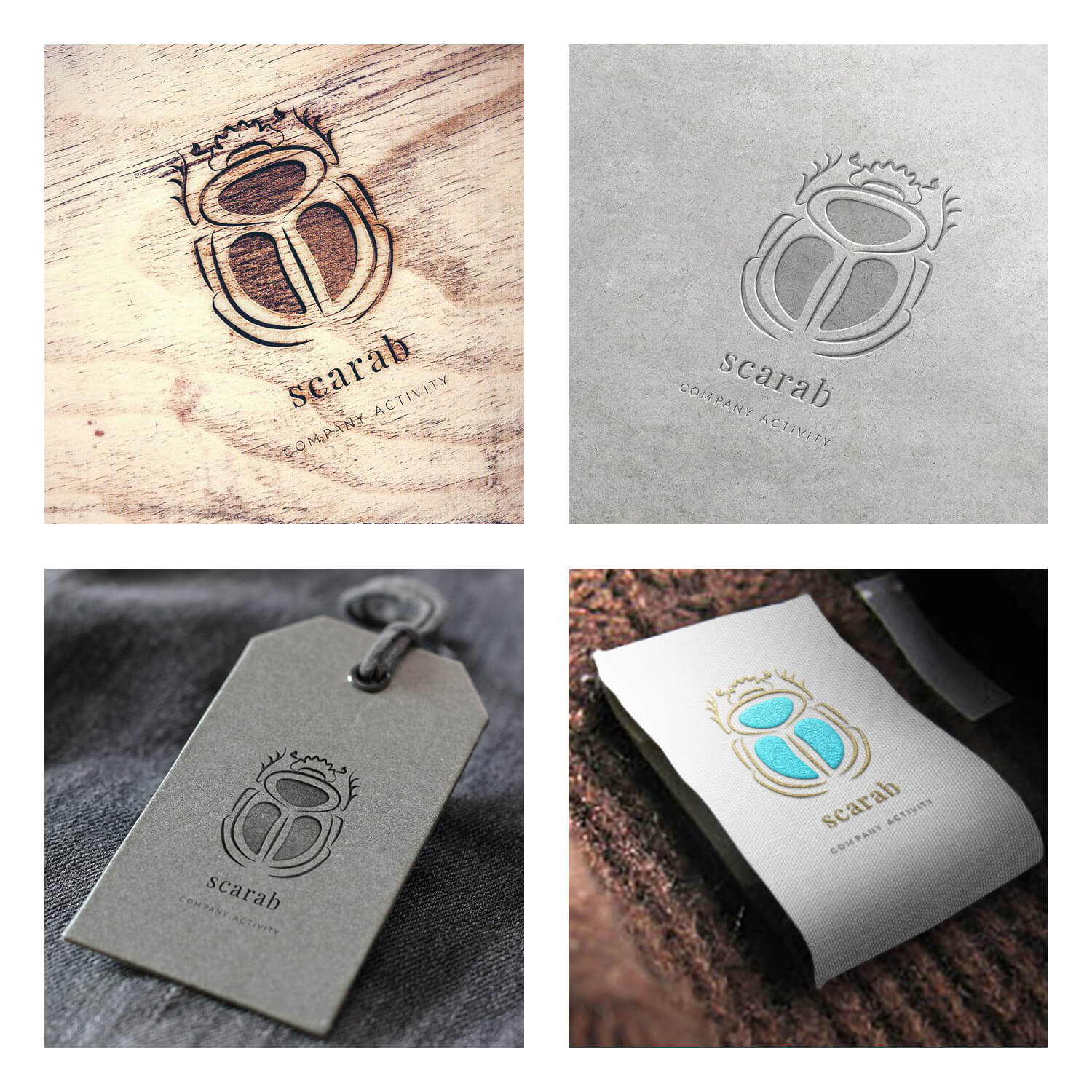 Four pictures of the scarab logo on white, gray and beige backgrounds.
