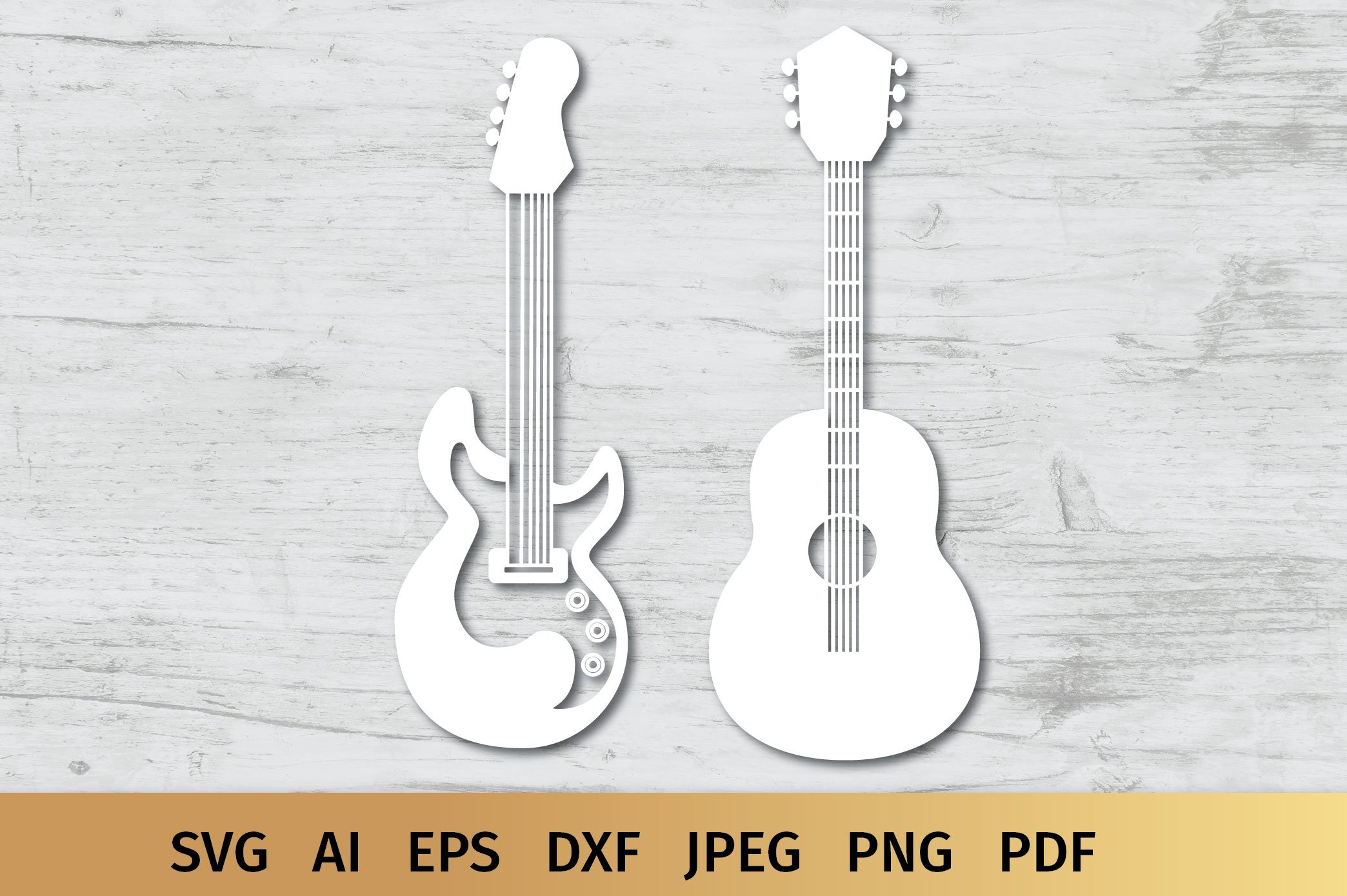 White guitars on a wooden background.