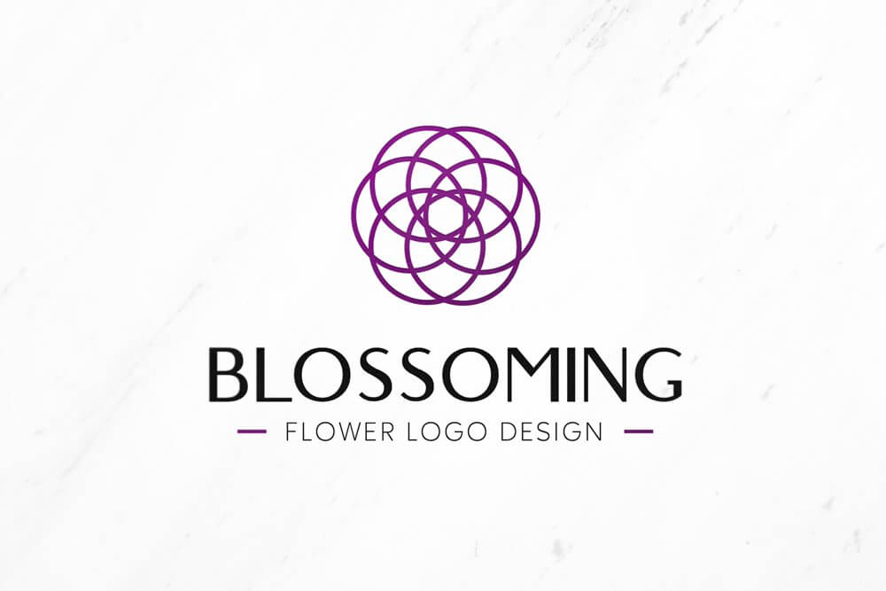 Logo with the image of a lotus with round petals and the inscription "Blossoming" on a white background.