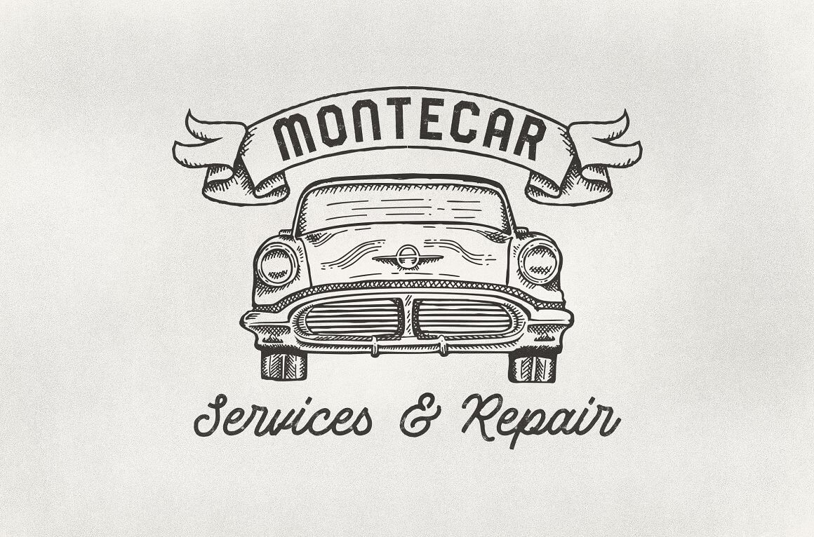 Logo with image "Montecar services and repair" and image car.