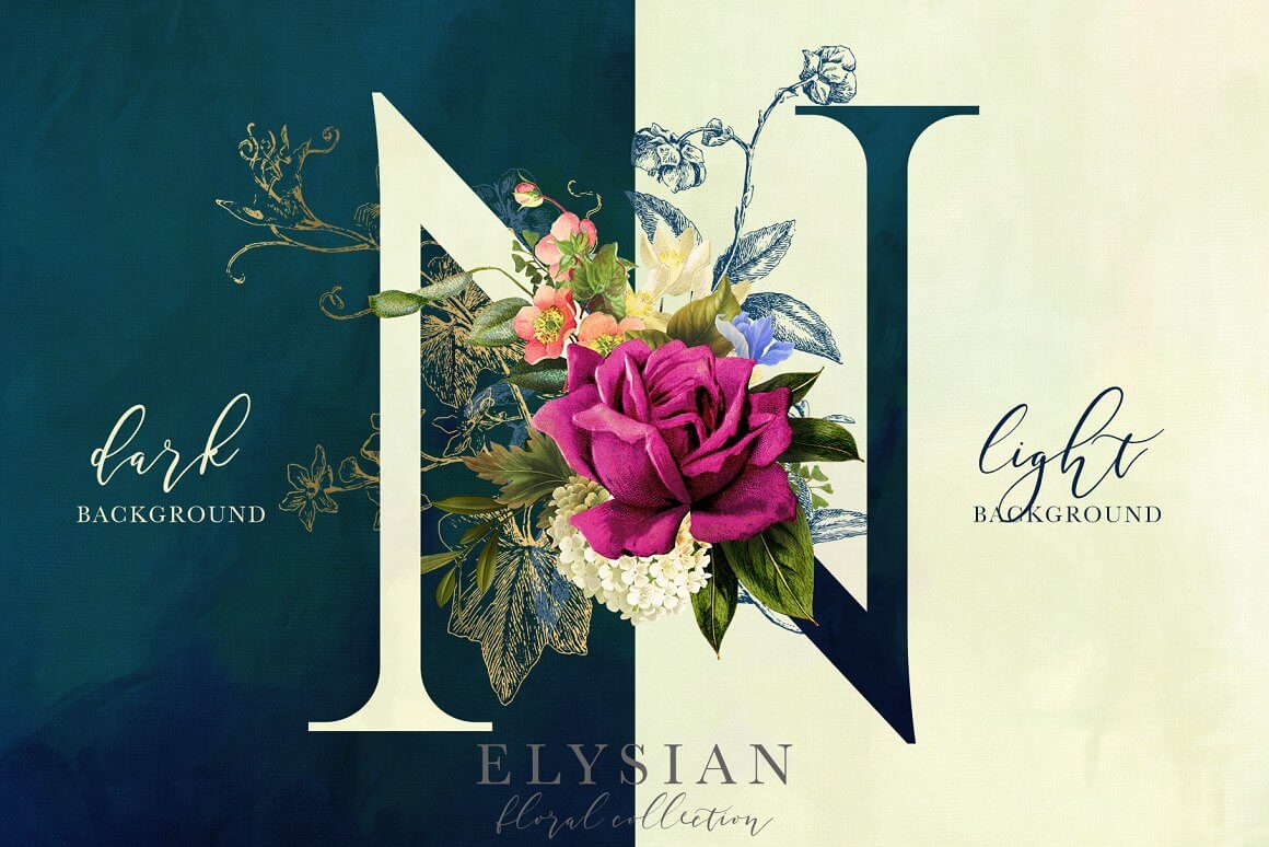 Inscription on Picture: Dark Background, Light Background, Elysian floral collection.