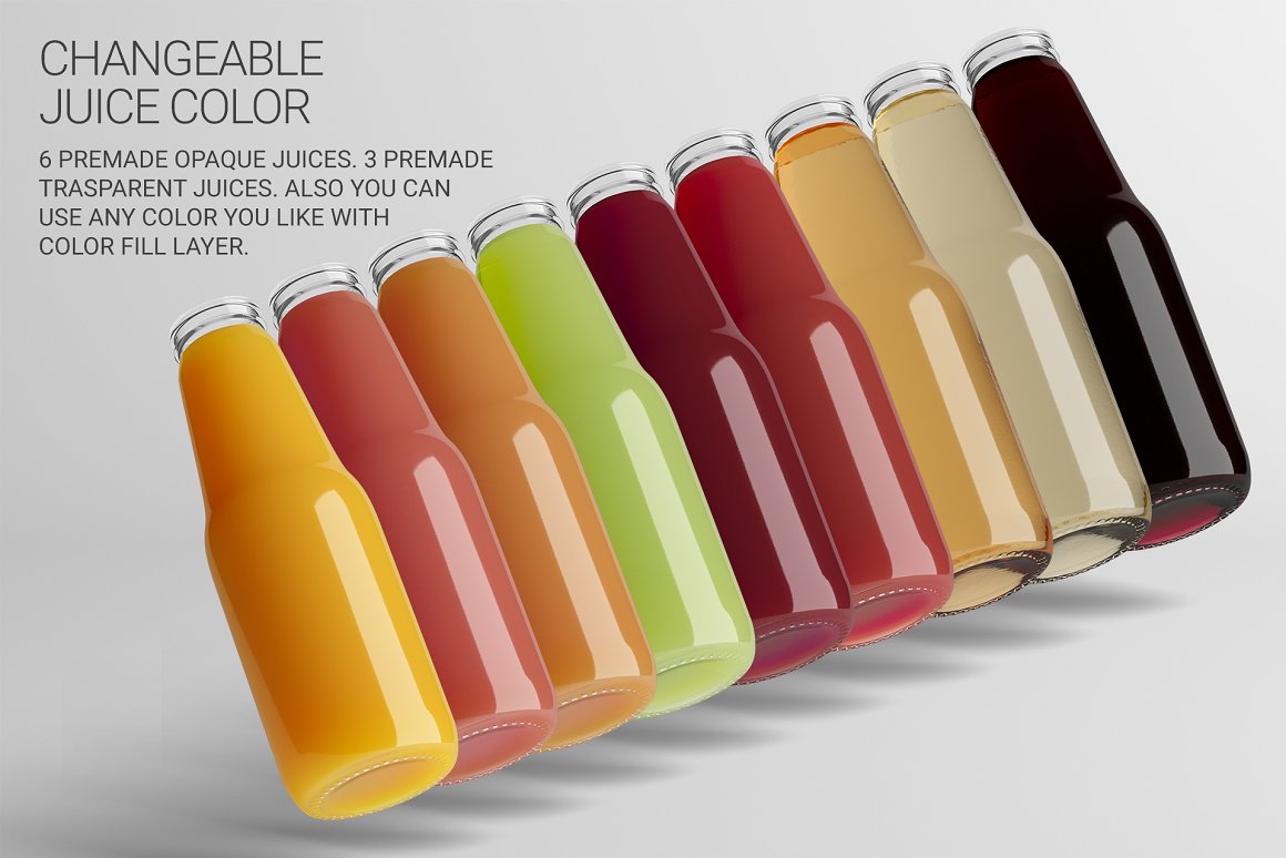 Multicolored juice bottles.