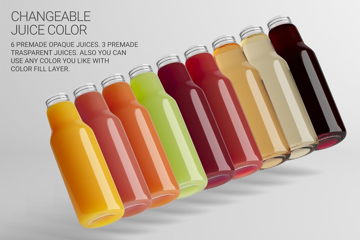 Multicolored juice bottles.