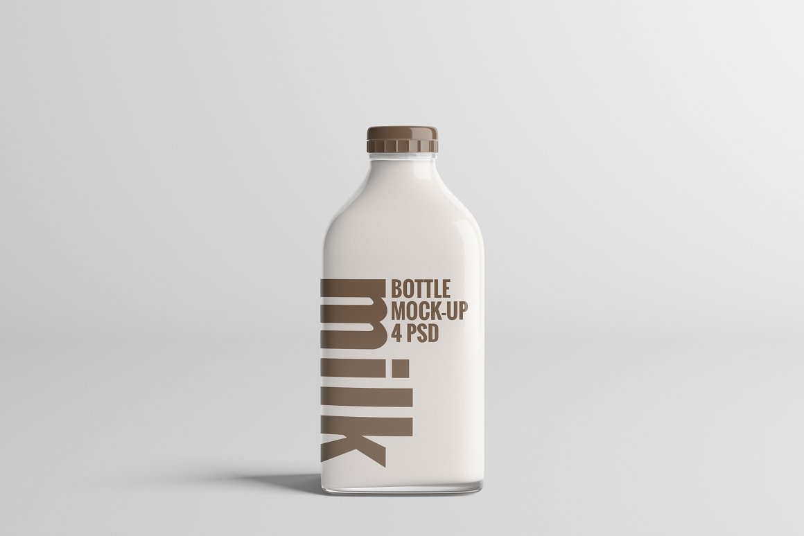 A white bottle with a brown print on a gray background.
