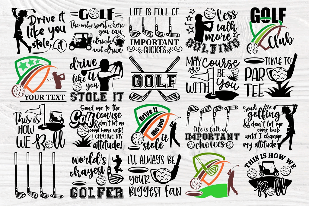 The image of objects and inscriptions that relate to golf.