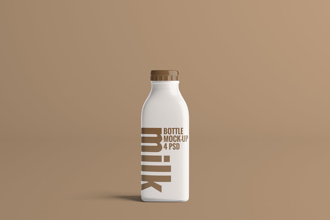 White bottle with a brown print on a cinnamon background.
