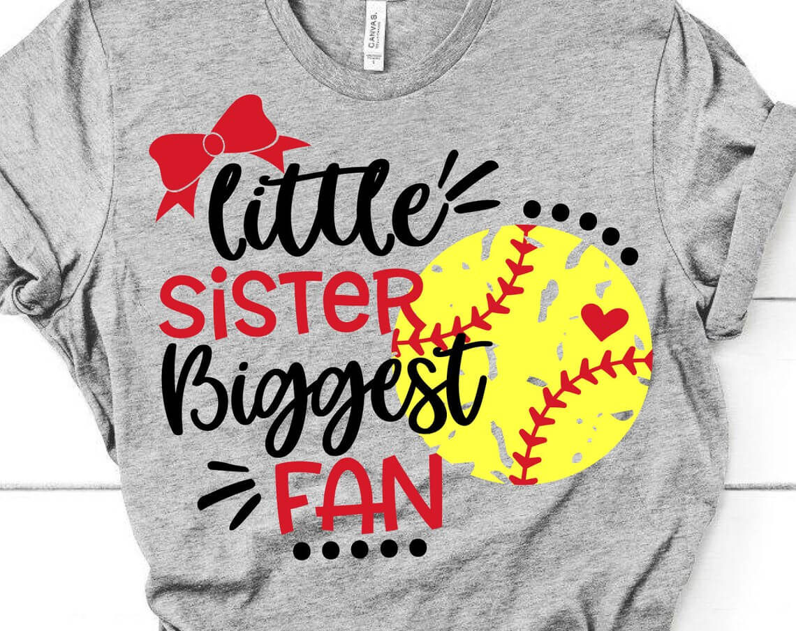 Gray t-shirt with 'Little Sister Biggest Fan' print featuring a red bow and a yellow baseball.