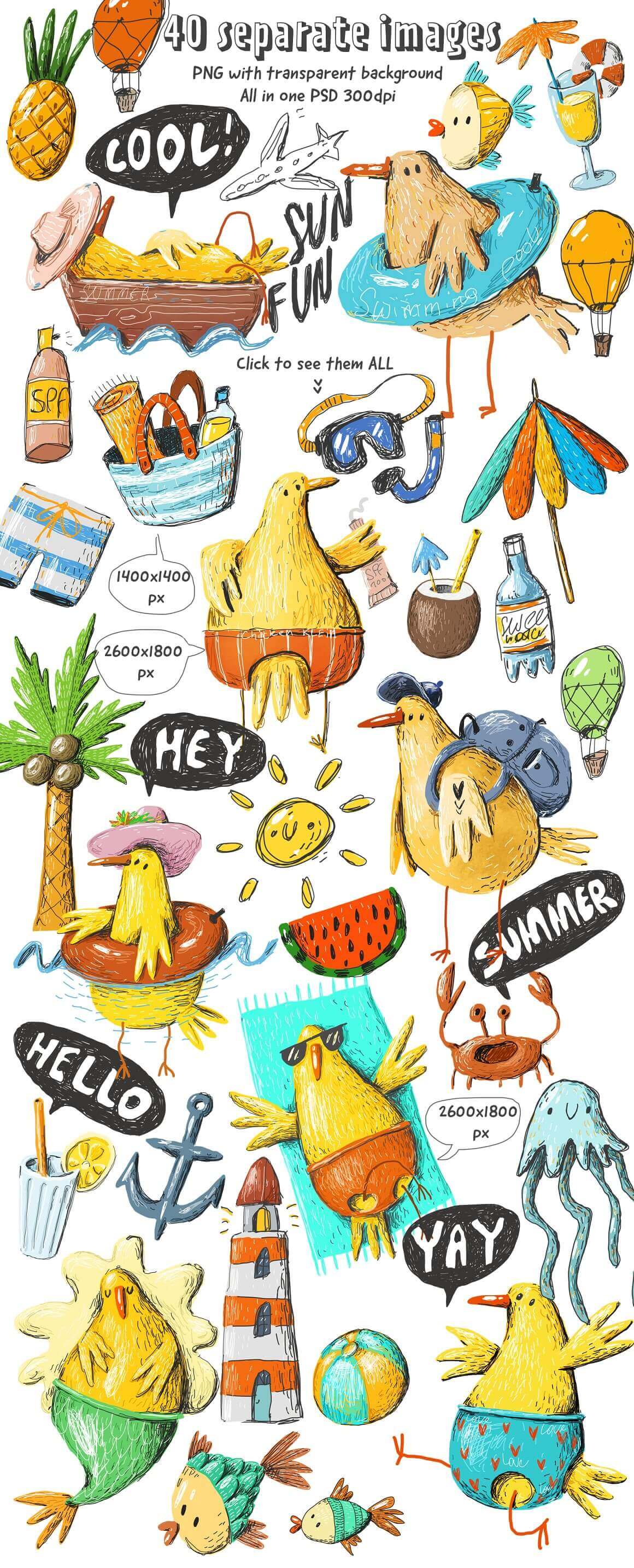 A lot of funny chickens that have a rest in the summer.