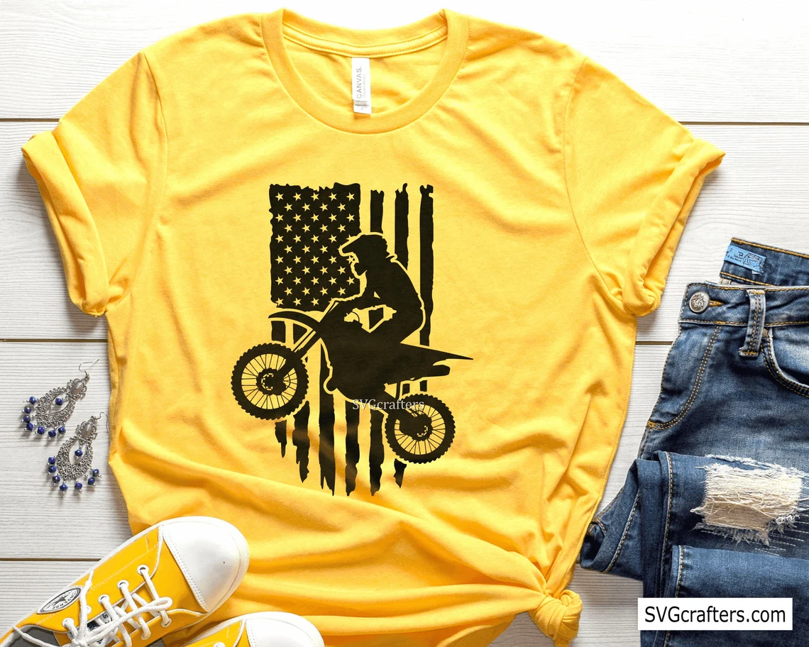 American flag print with a motorcyclist on a yellow t-shirt.