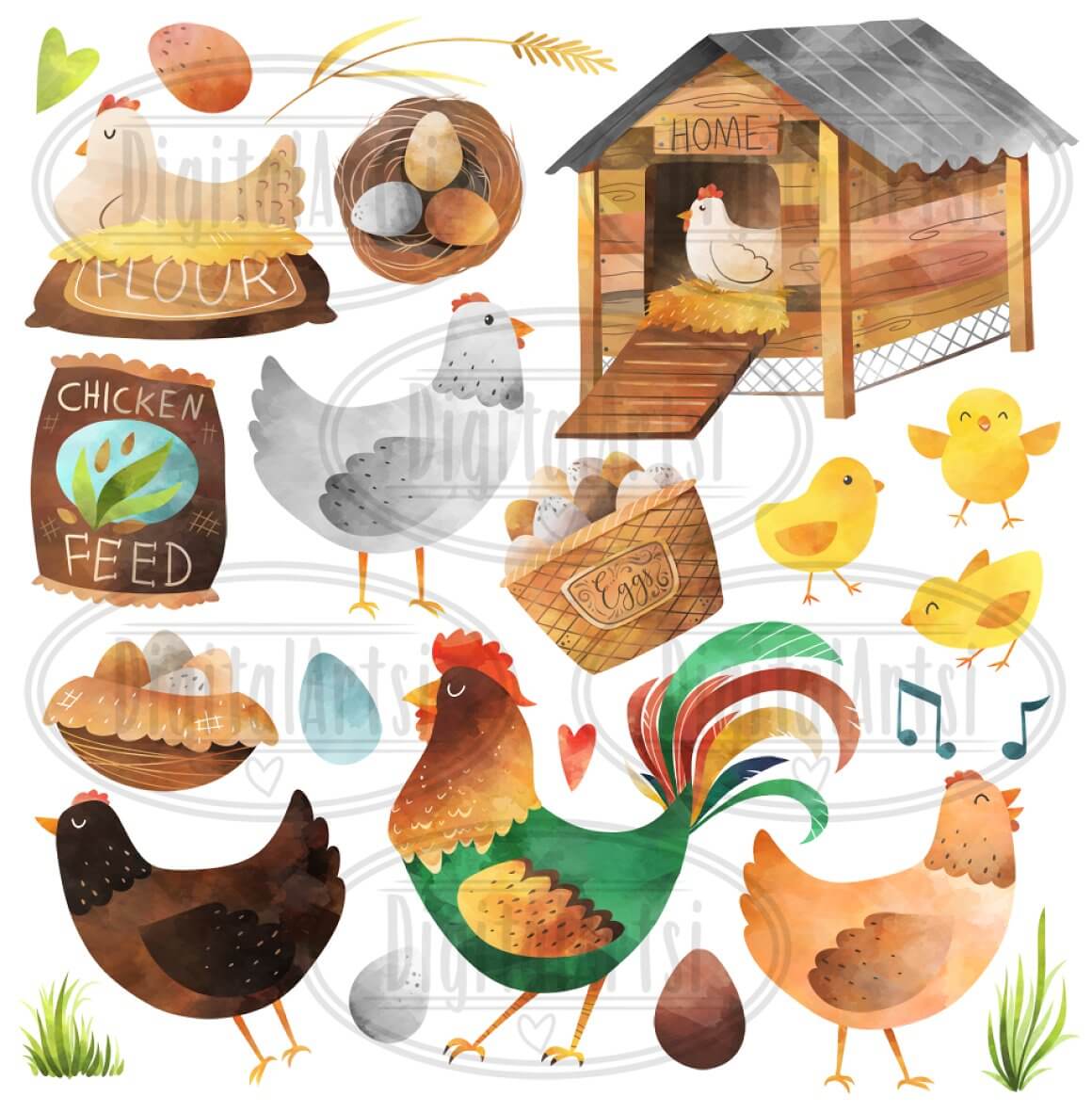 Image of a rooster with green and gold feathers, yellow chickens and joyful hens.