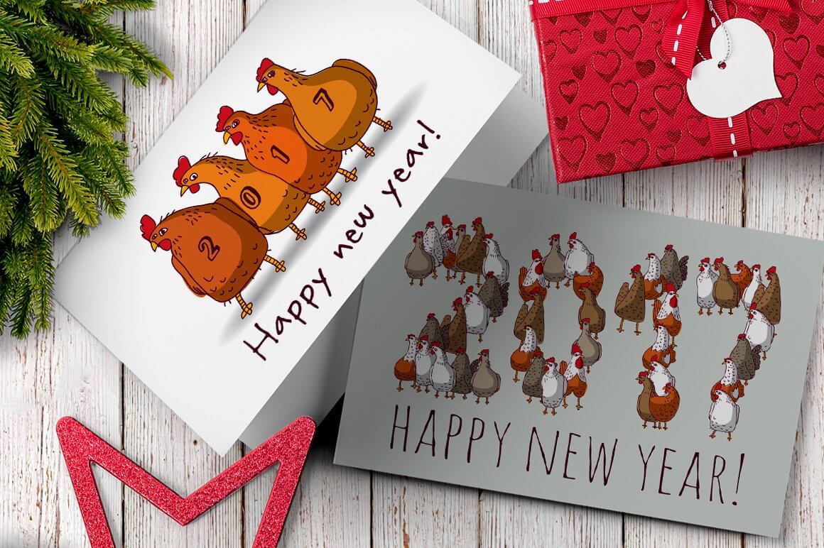 Cards with image chickens and inscription "Happy new year!".