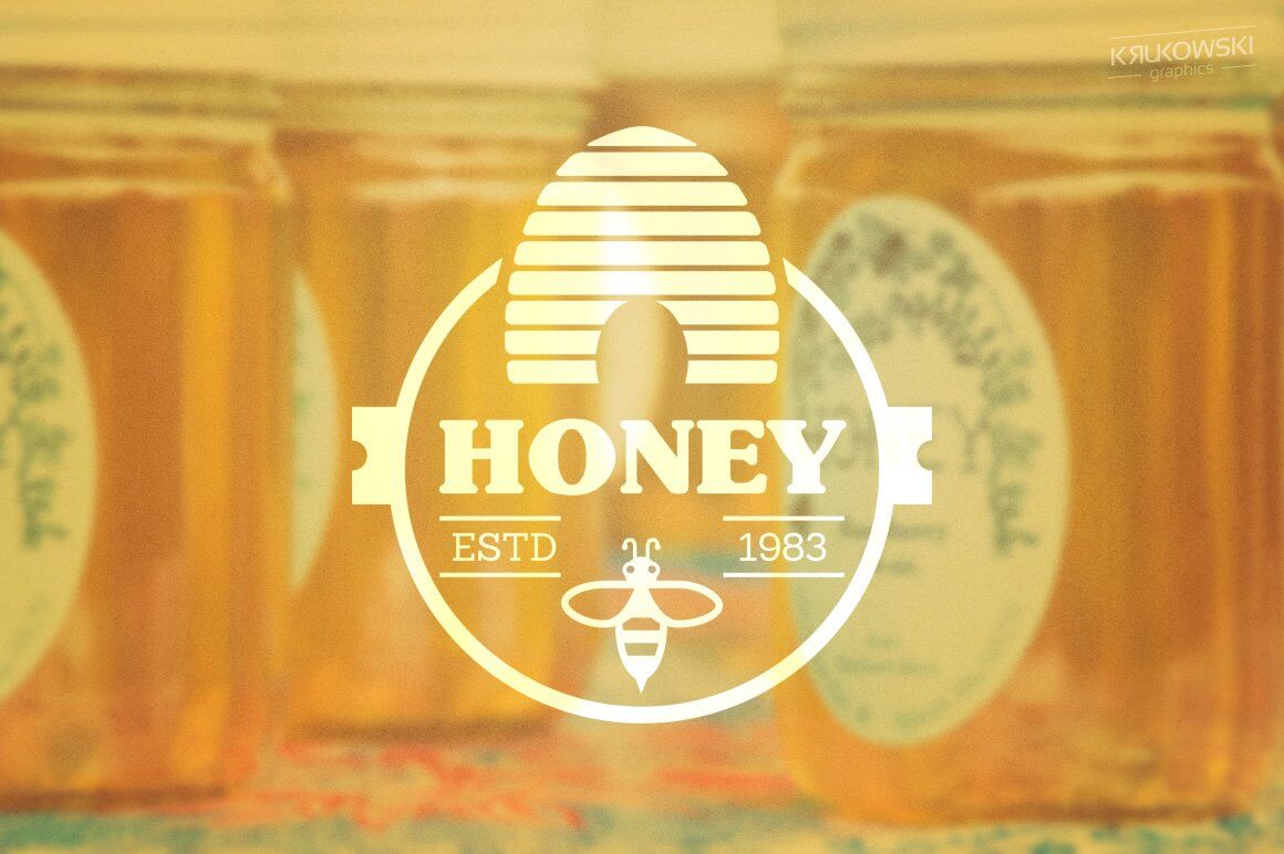 On the background with three jars of honey, a logo is drawn with the image of a bee and the inscription honey.