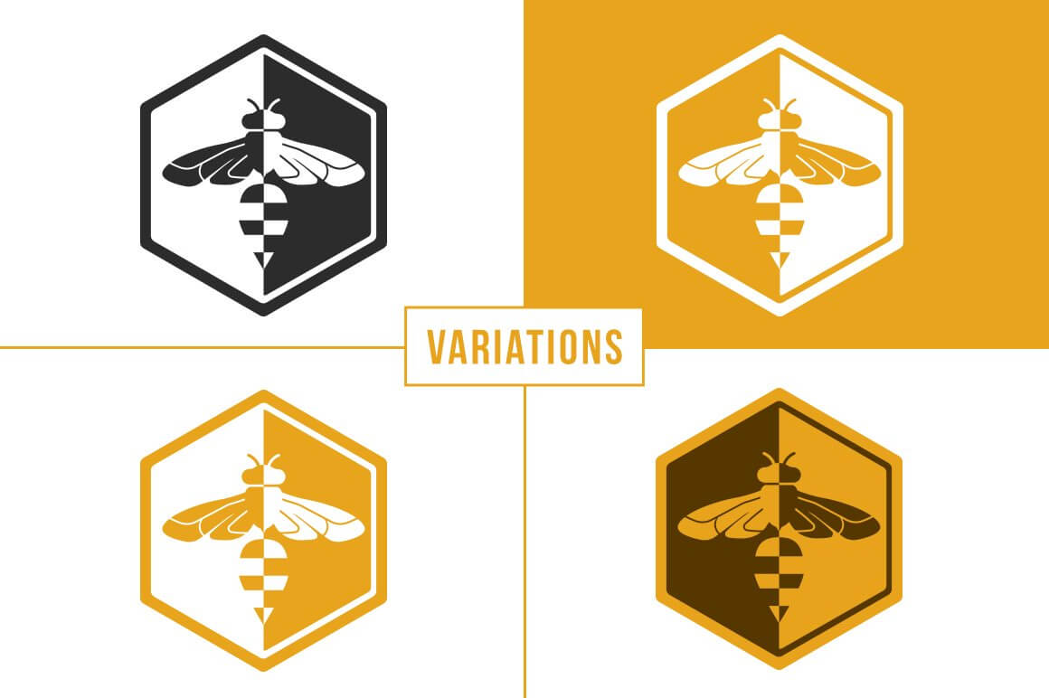 Wasp logo variations in black, white, orange on white and orange backgrounds.