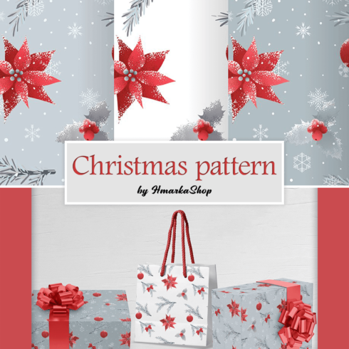 Three identical Christmas patterns on different backgrounds.