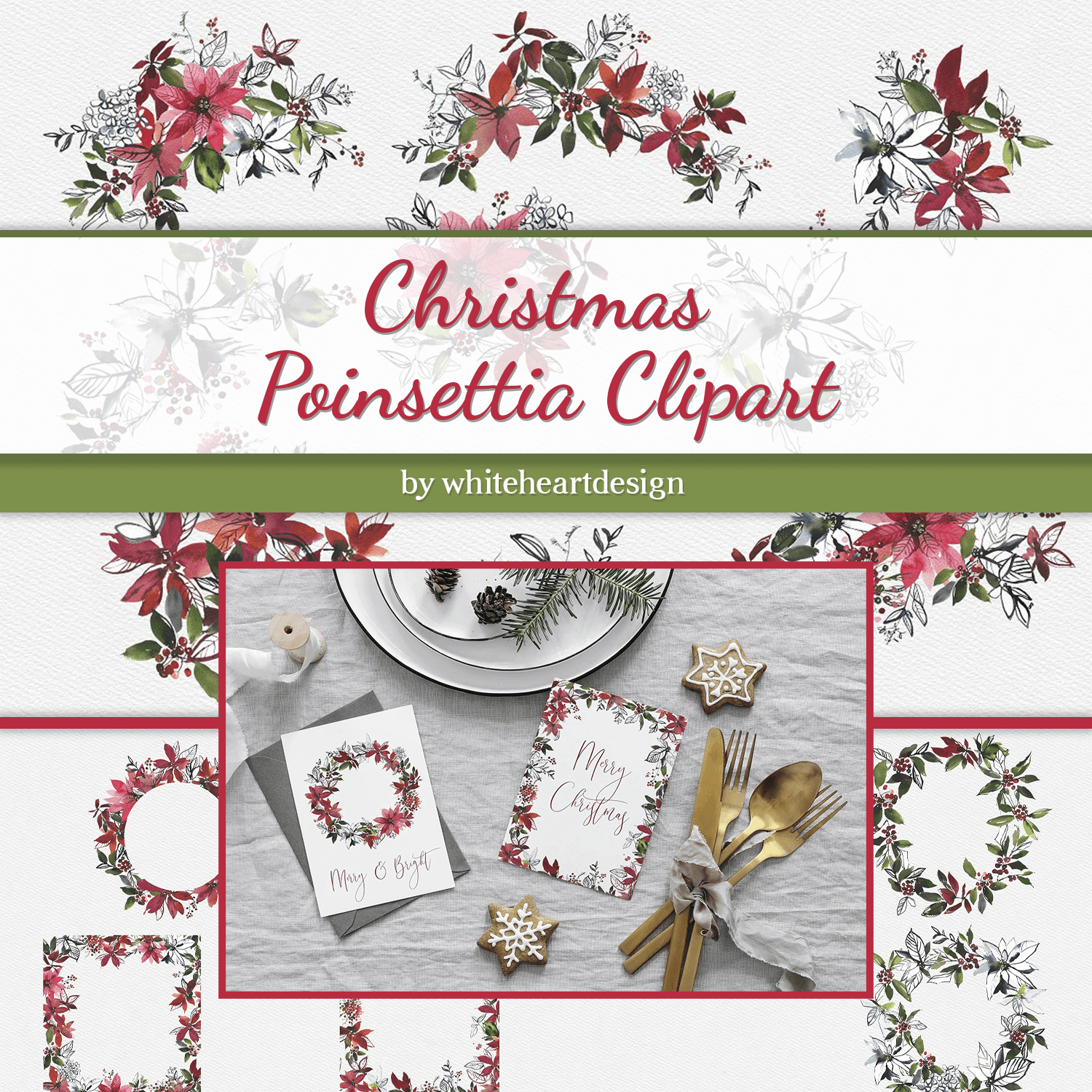 Cards decorated with Christmas Poinsettia Clipart.