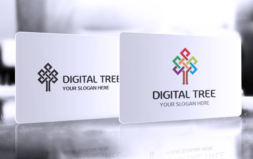 Two variants of business cards, one with a color logo and the other with a black and white one.