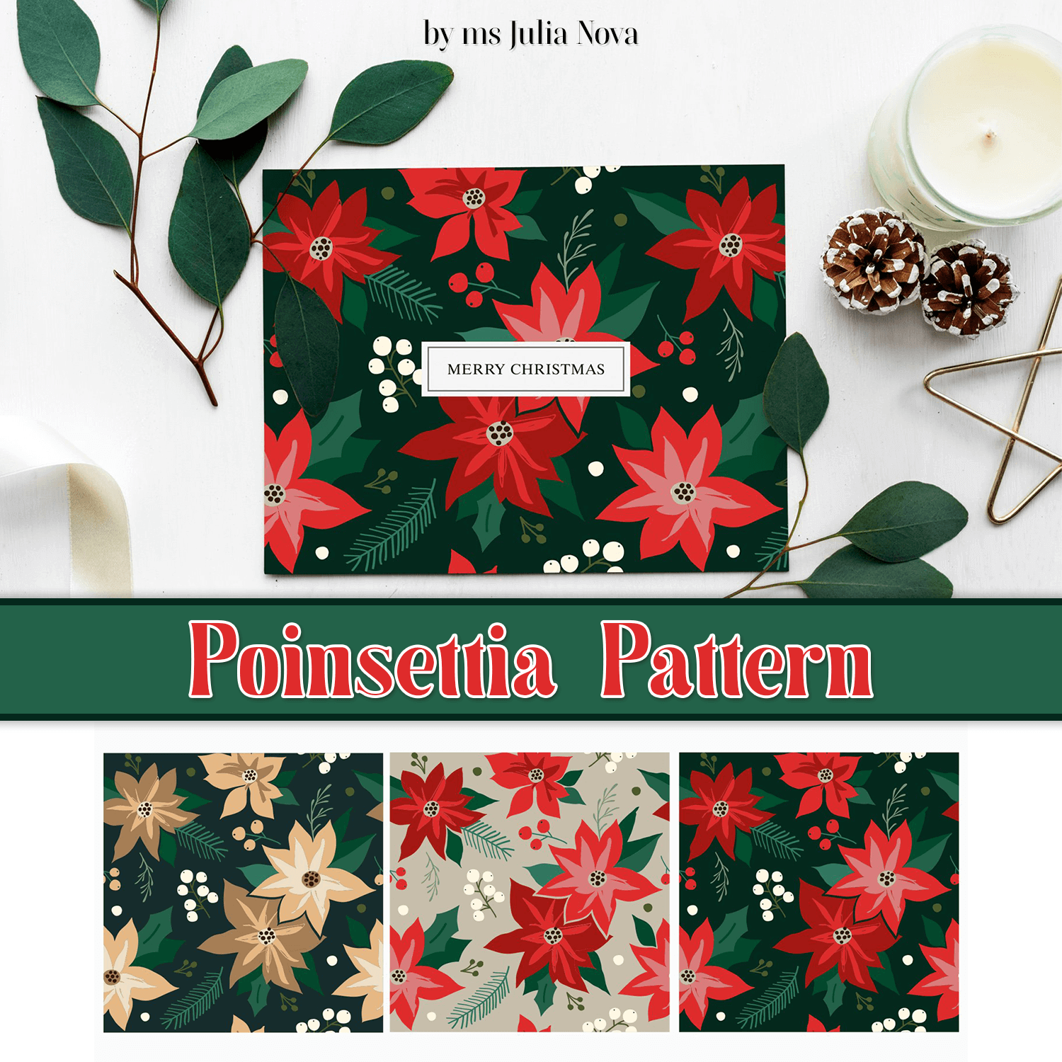 Three variants of Poinsettia Pattern on the black, grey backgrounds.