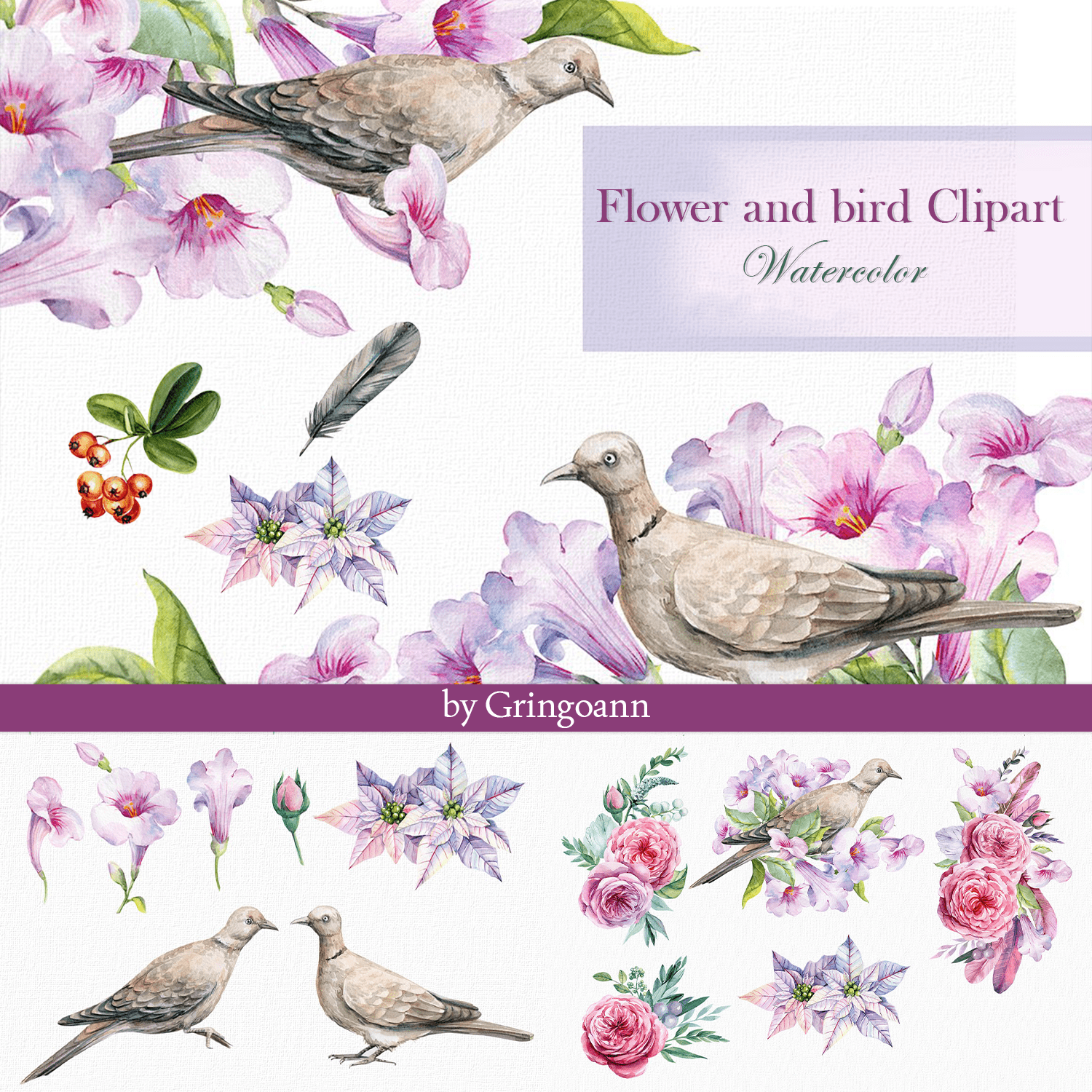 flower and bird clipart. watercolor.