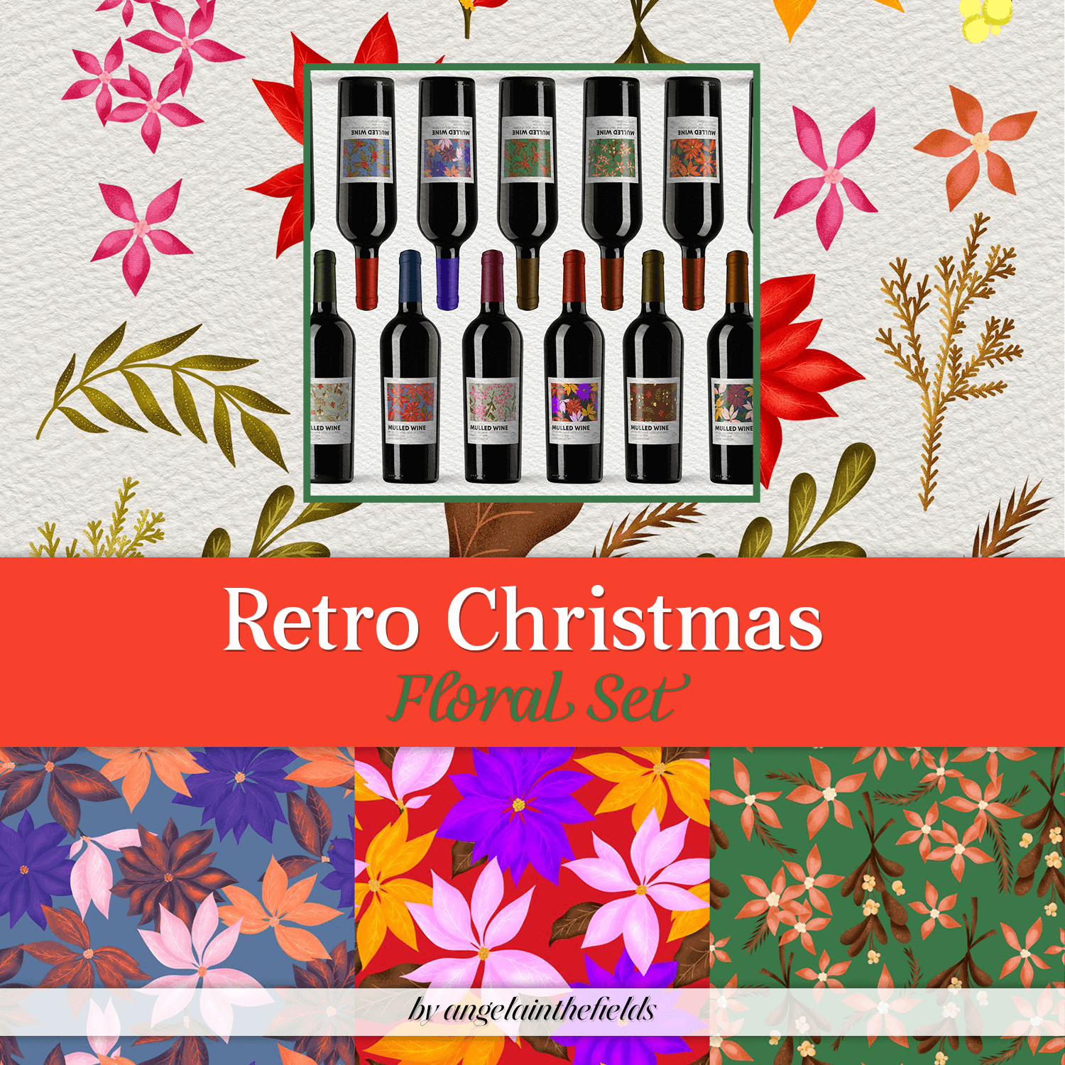 Retro Christmas floral and wine set.