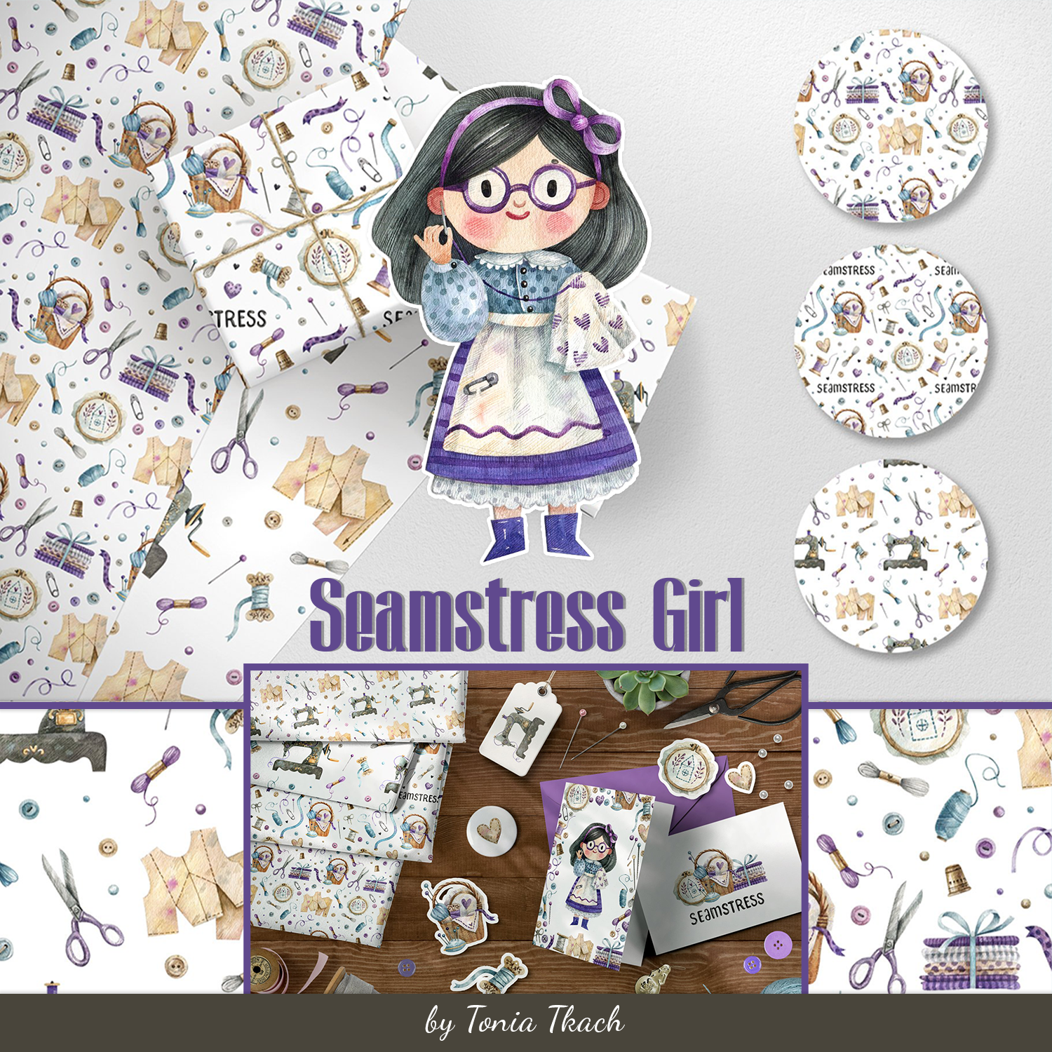 Background images and a girl in glasses with a purple dress.