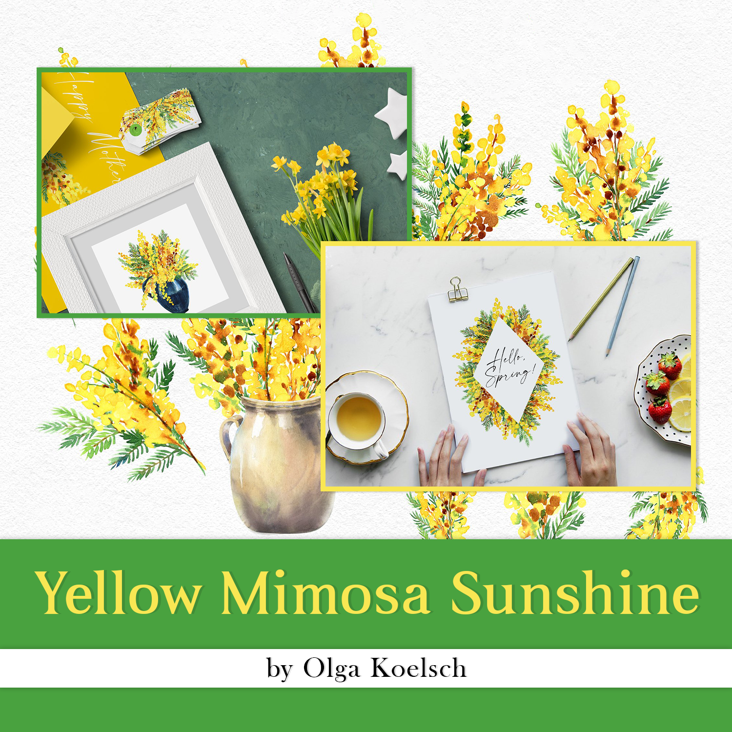 Prints of yellow mimosa sunshine.