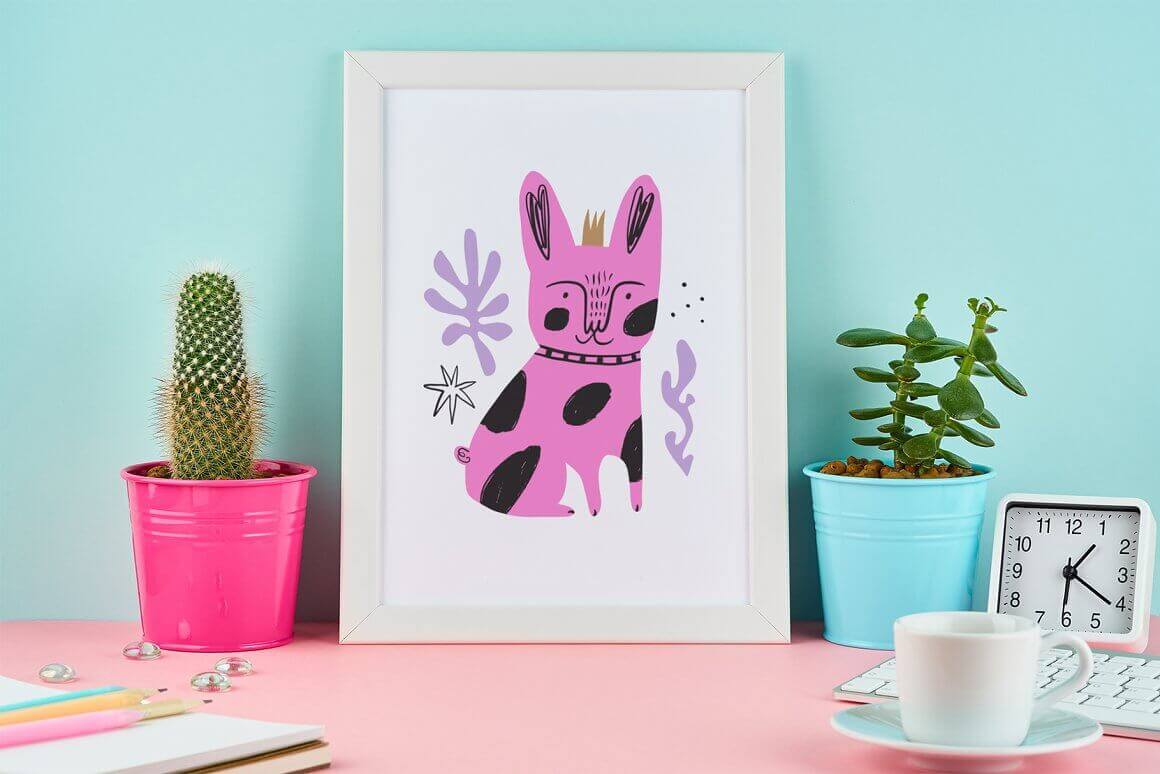 A pink French Bulldog with black spots is drawn in the picture.