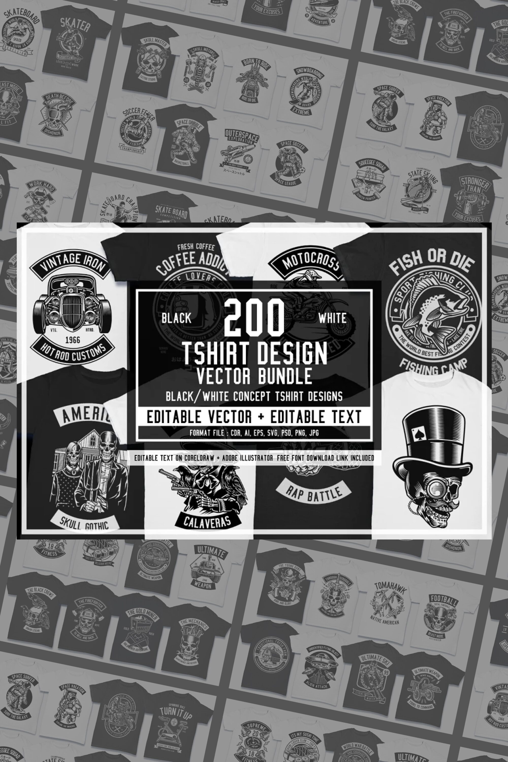 200 Vector Tshirt Designs ( B/W ) pinterest image.