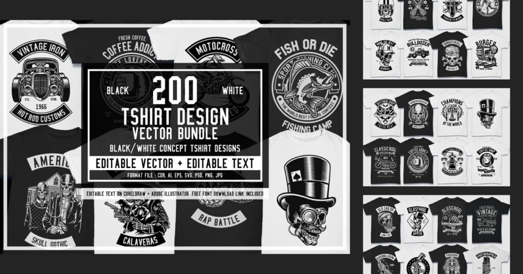 200 Vector Tshirt Designs ( B/W ) – MasterBundles