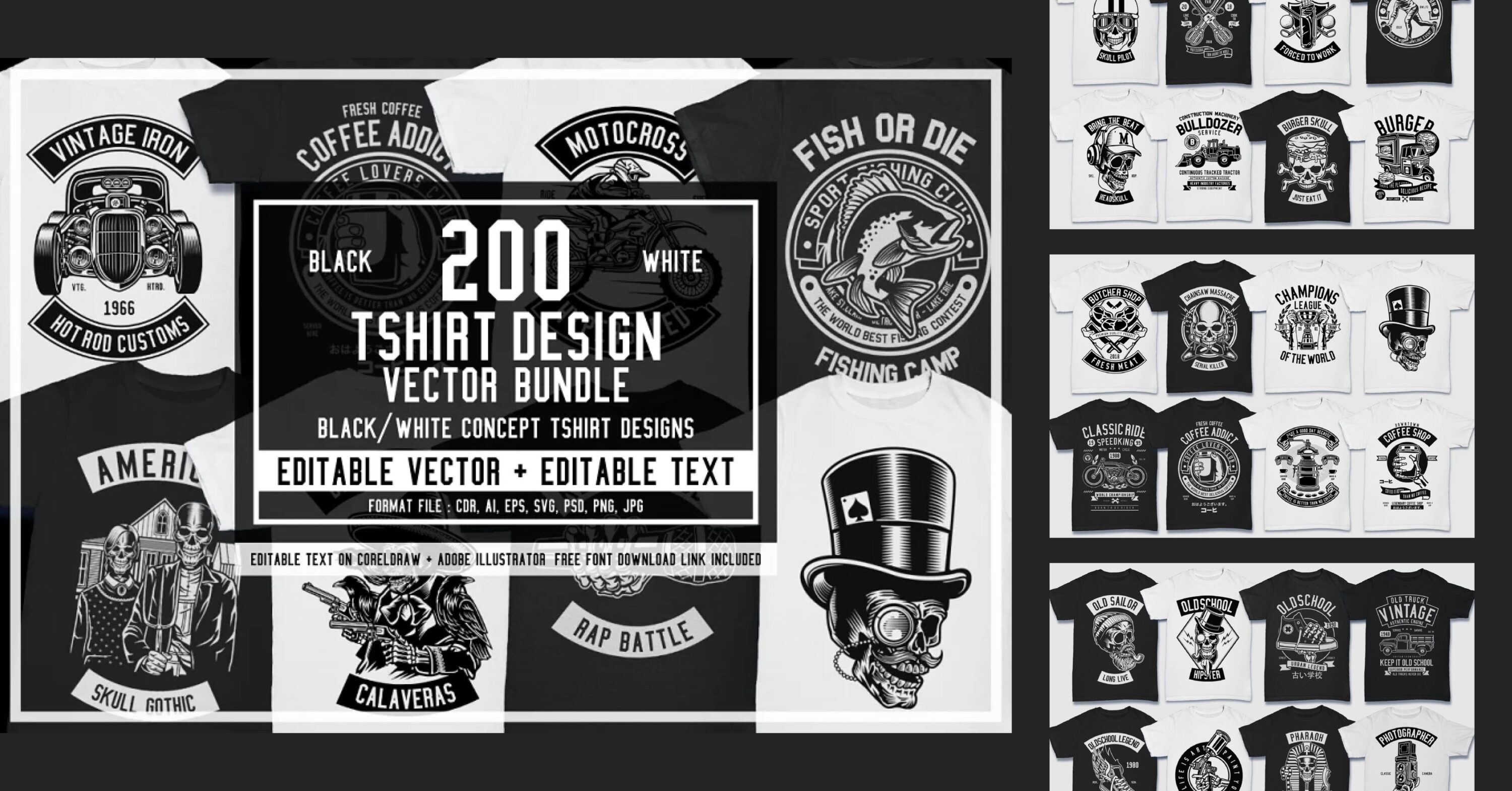 200 Vector Tshirt Designs ( B/W ) facebook image.