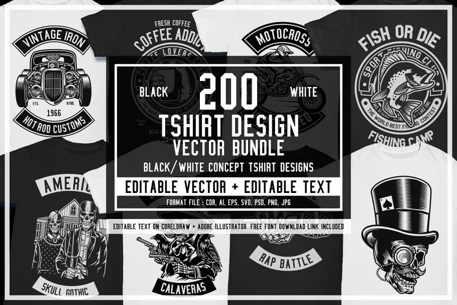 200 vector tshirt designs b w, perfect designs.