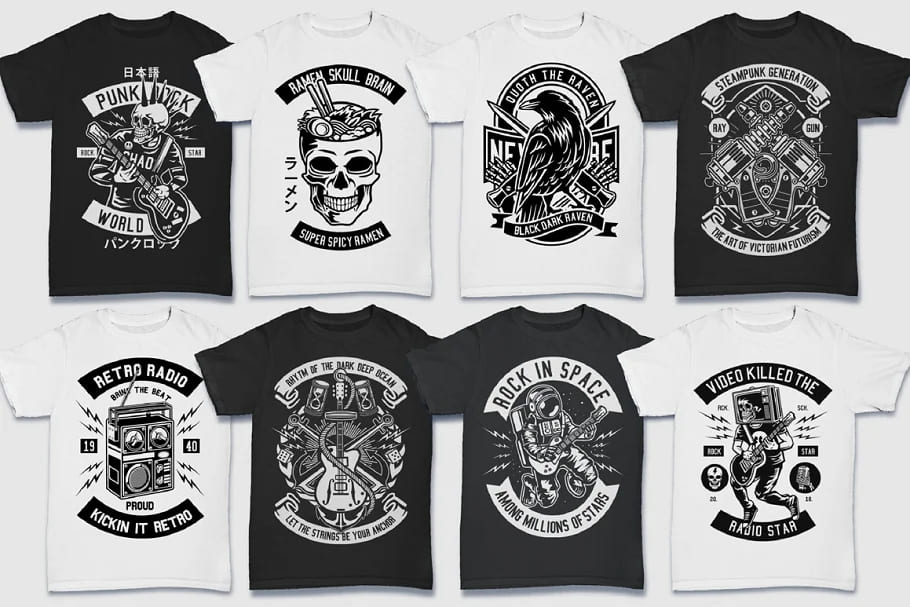 200 vector tshirt designs b w, outstanding designs.