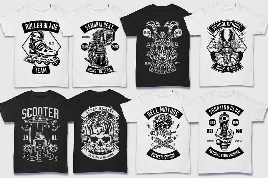 200 vector tshirt designs b w, superb designs.