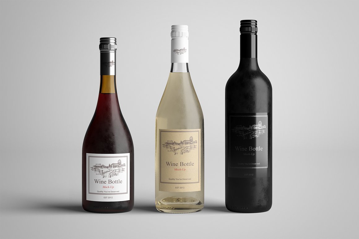 Different shapes of bottles and wine inside.