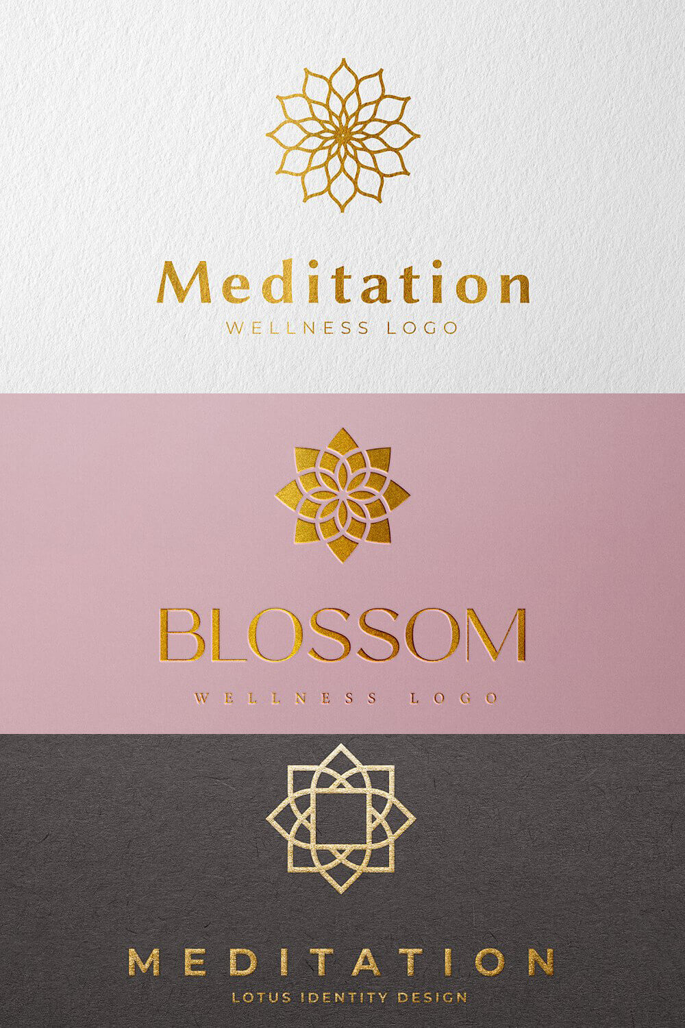 Three variants of logos with the image of a lotus of different geometric shapes on a white, pink and dark gray backgrounds.