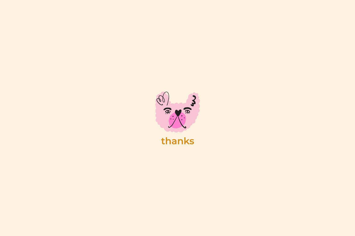 The pink muzzle of the dog and the inscription thank you are drawn on a white background.