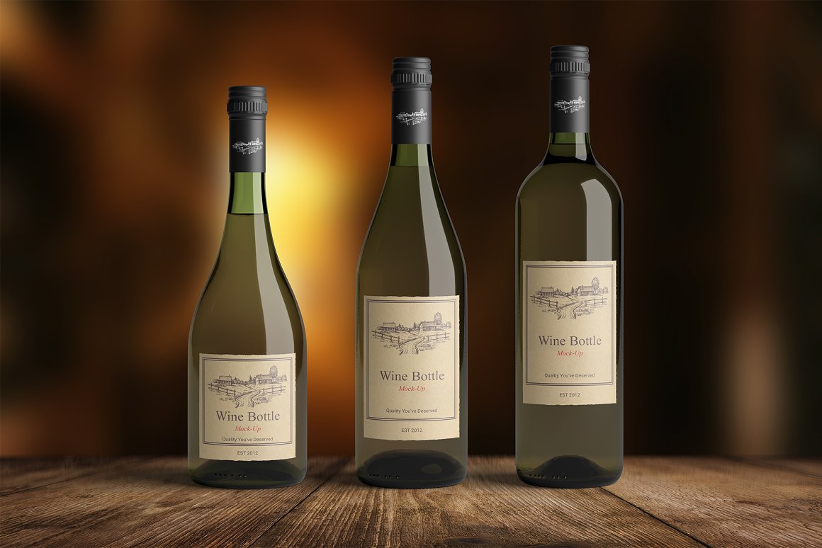 Different shape of glass wine bottles.
