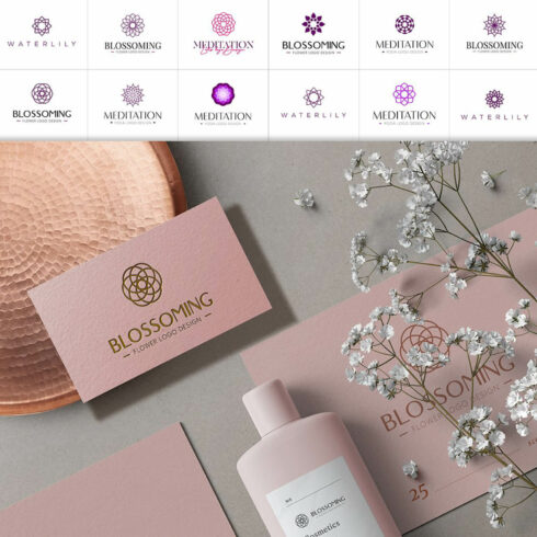Lotus logo on business cards, shampoos and large cards.