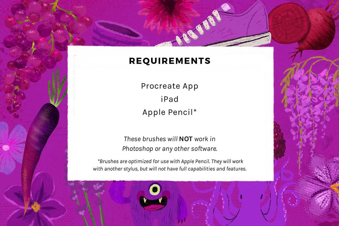Description in a white square against a purple background: Requirements.