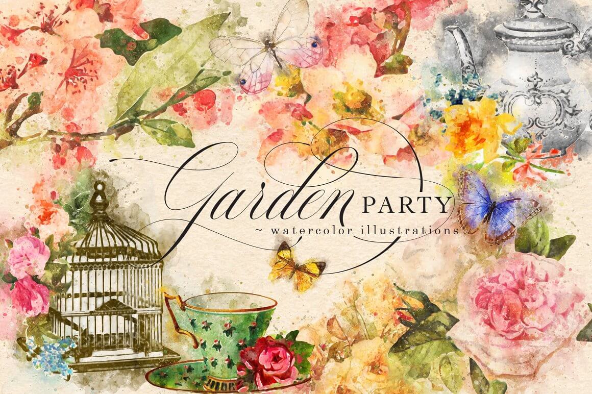 Garden party watercolor illustrations.