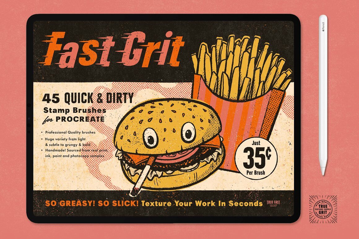 Fast Grit, 45 Quick & Dirty Stamp Brushes for Procreate.