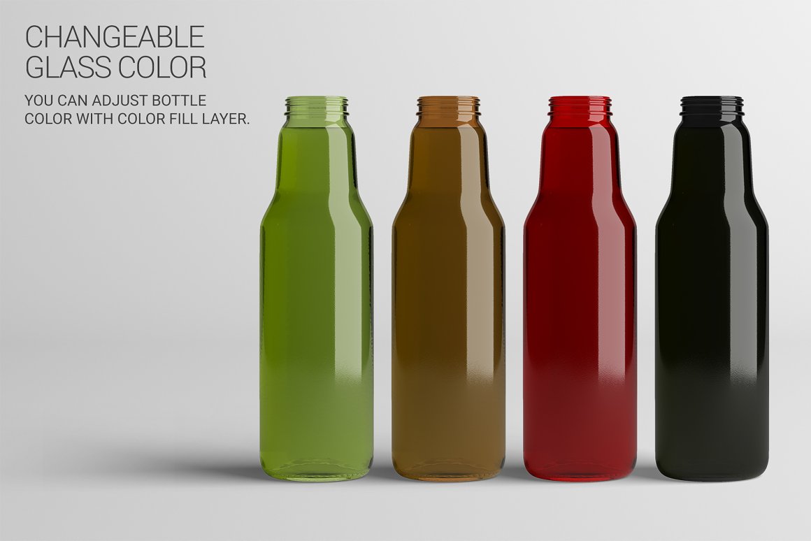 Transparent bottles of different glass colors.