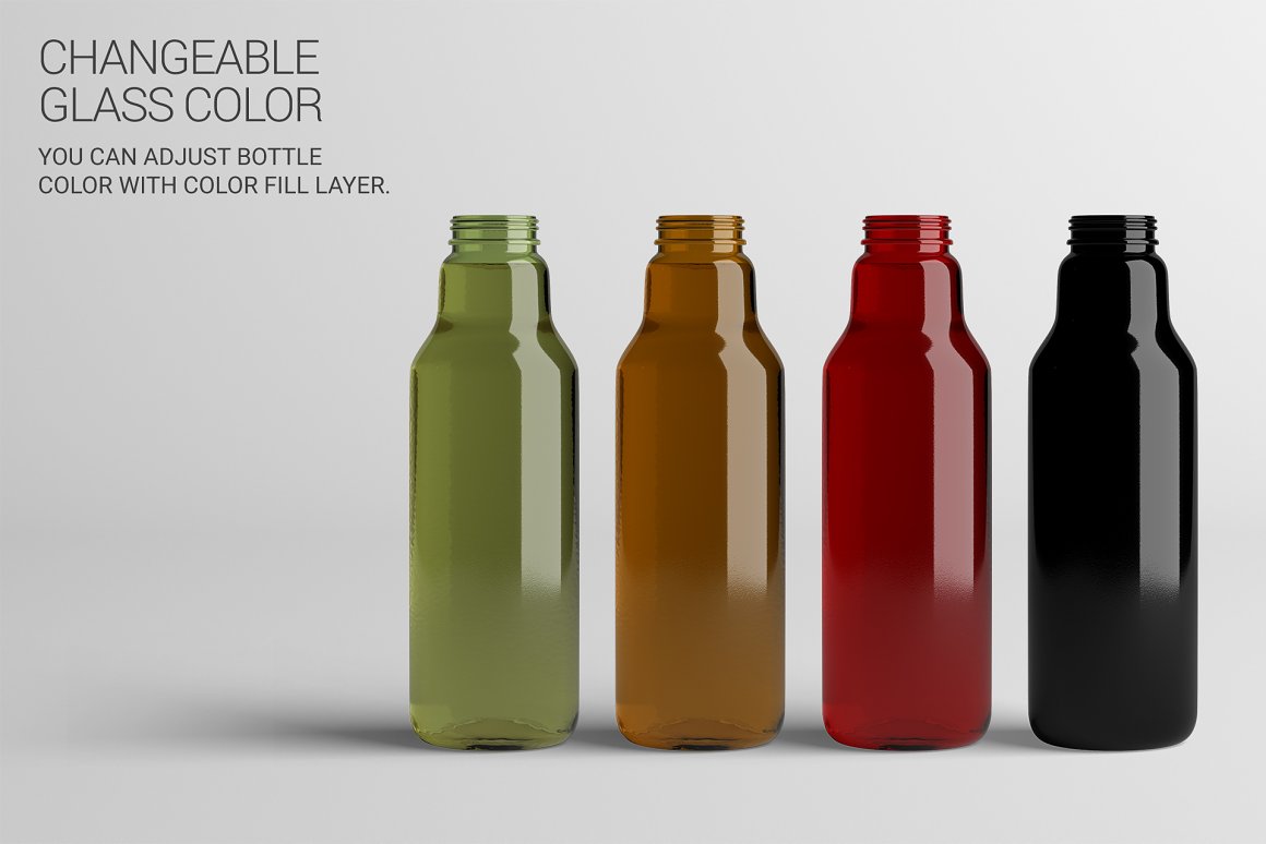 Transparent bottles of different glass colors.