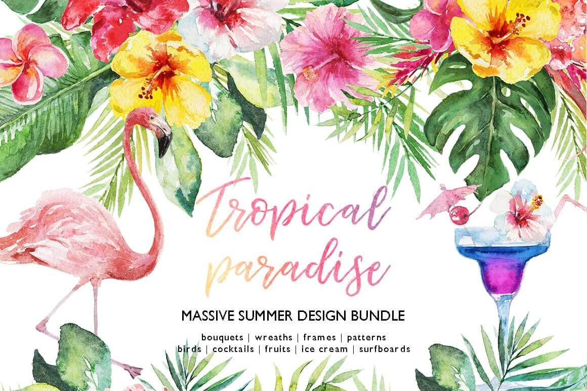 Tropical paradise with the image of a pink flamingo and tropical flowers.