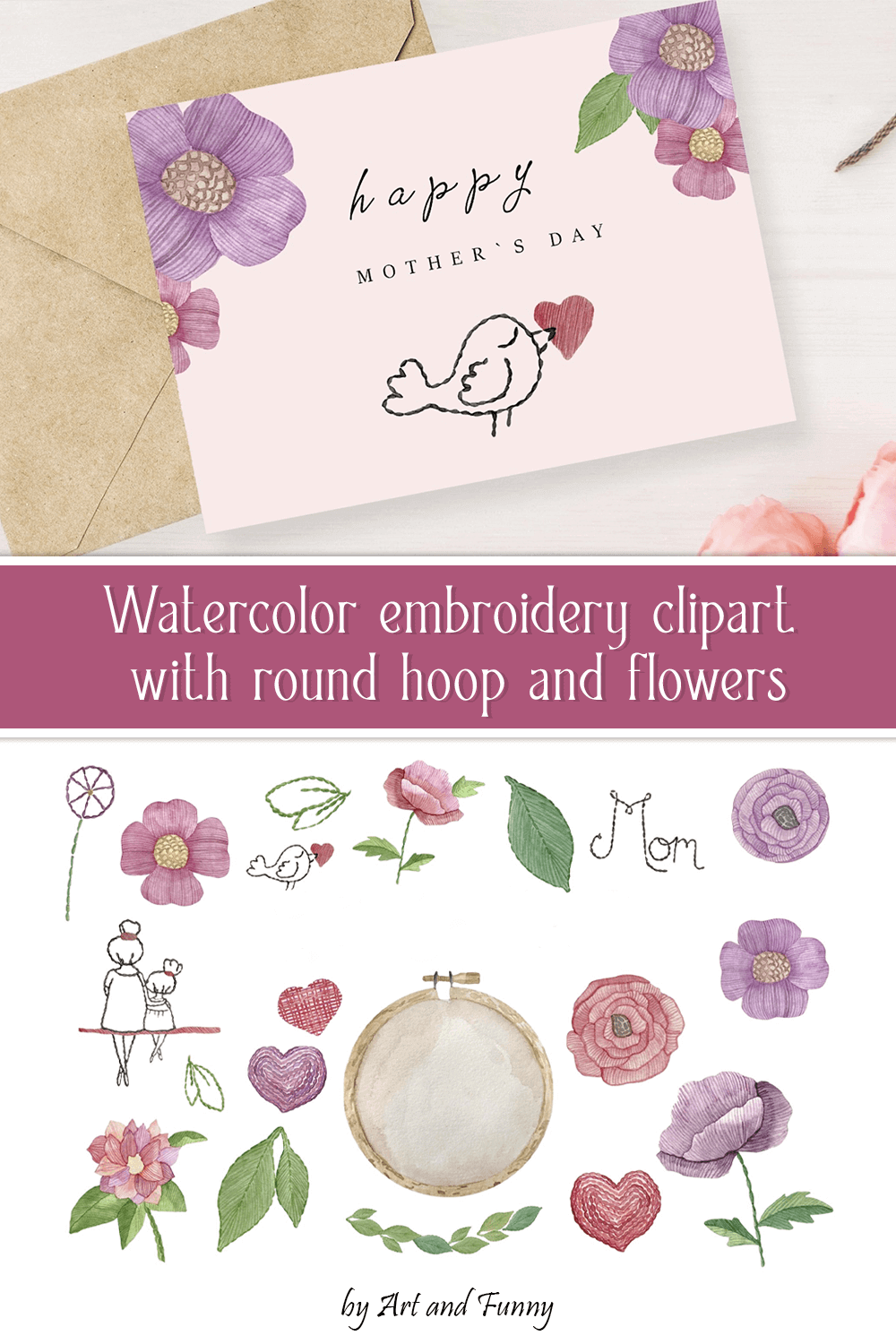 Cards with embroidery flowers and the inscription "Happy mother's day".