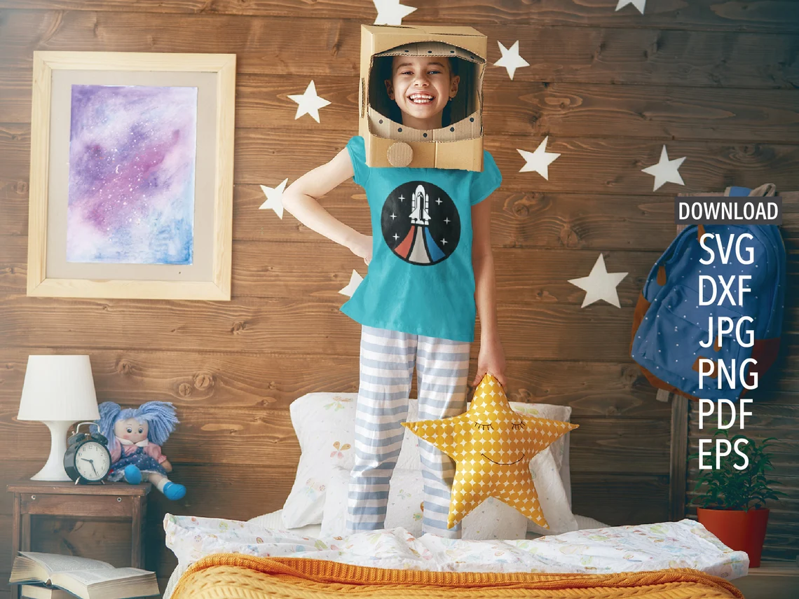 The little girl in the box on her head represents that she is an astronaut.